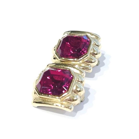 Vintage Givenchy Red Rhinestone Faux Ruby Gold Tone Clip On Earrings - Picture 8 of 16